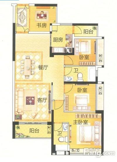 本单元的设计整体色调采用的是木色，不仅沿用了中式的端庄典雅，同时加入一些时尚的元素，让整个空间多了现代的时尚感觉，却不失中式的端庄。